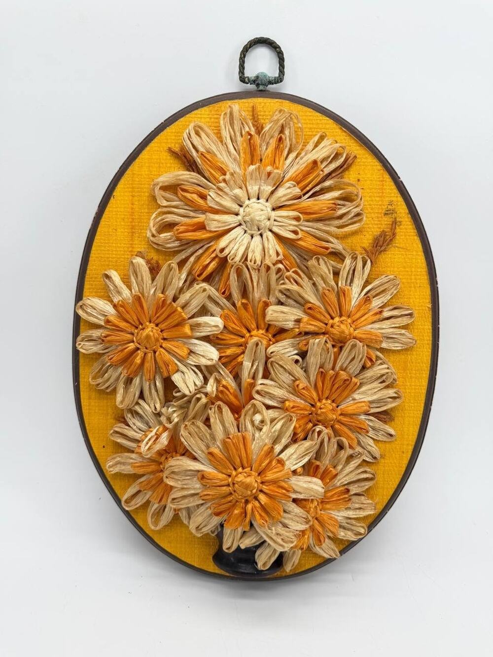 Oval Wood Floral Wall Art Plaque Orange Beige Flowers Yellow Retro Decor 3.50 lb